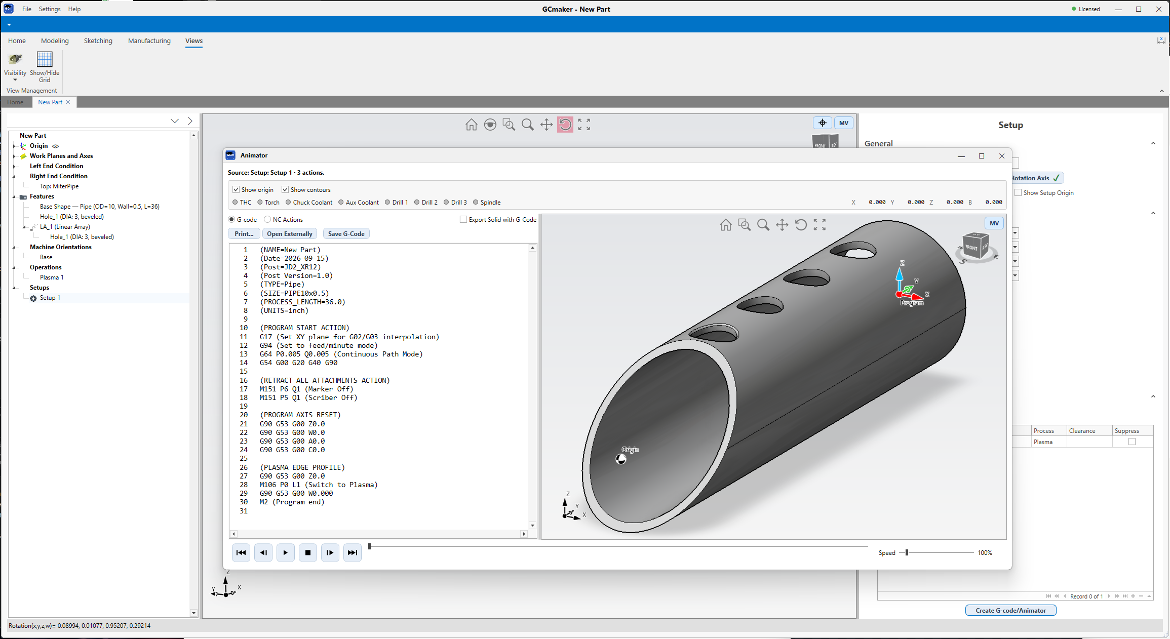 Animator · pipe setup playing back beside its G-code