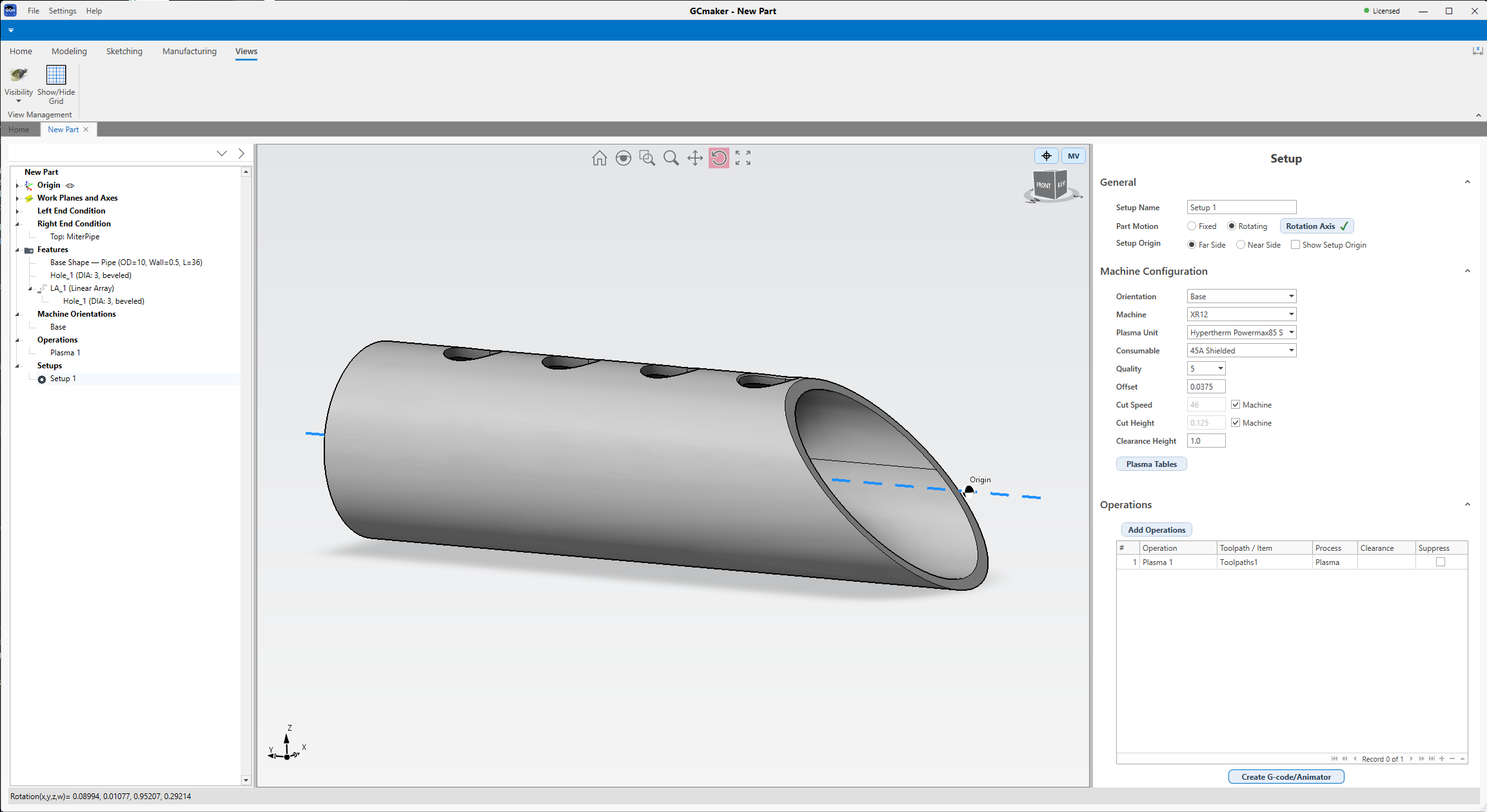 Setup · rotating pipe on an XR12 with a plasma operation
