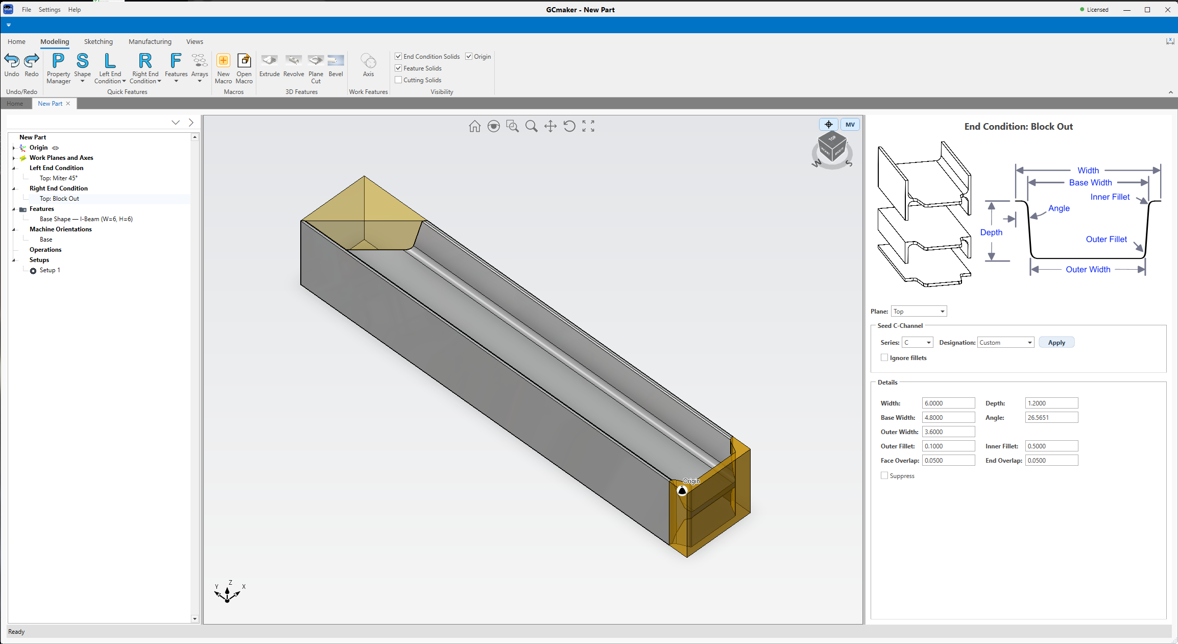 Part design · I-beam with a Block Out end condition and the design tree