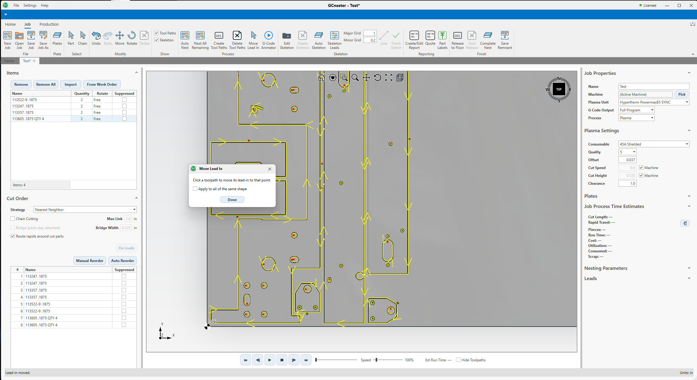 Tool paths · moving a lead-in on the nest